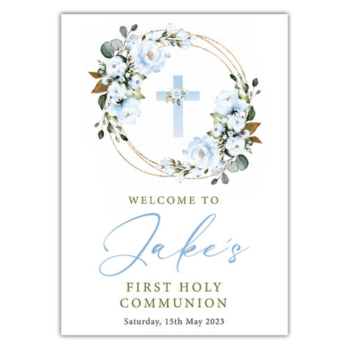 Communion Party Sign - Blue Wreath