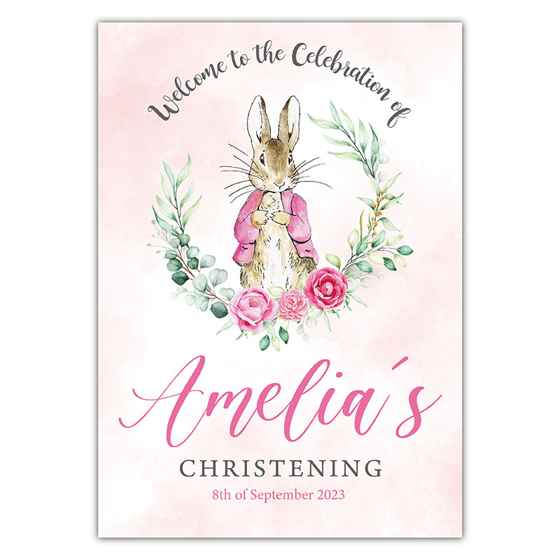Christening Welcome Sign - Peter Rabbit Pink