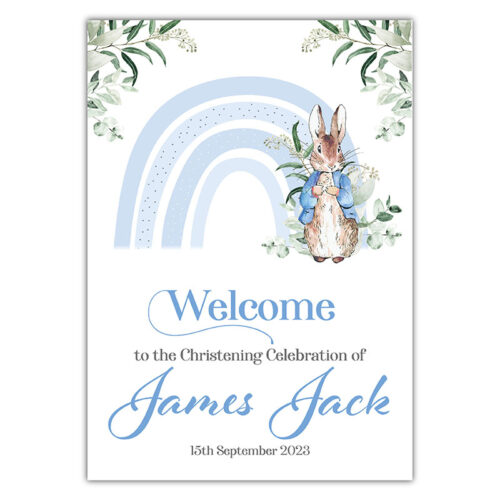 Christening Welcome Sign -  Peter Rabbit Rainbow Blue
