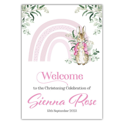 Christening Welcome Sign -  Peter Rabbit Rainbow Pink