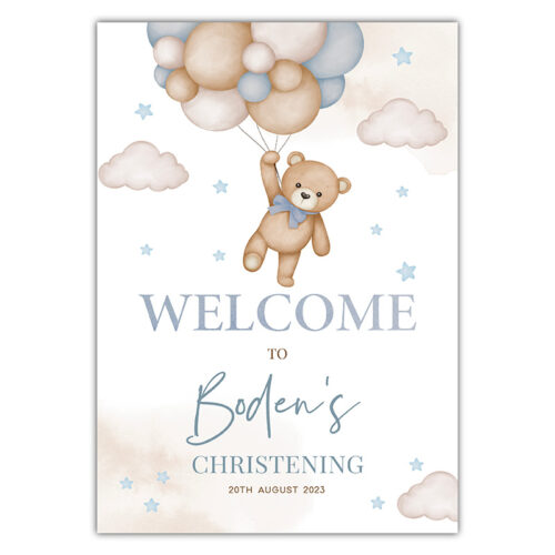 Christening Welcome Sign -  Teddy Balloons Blue