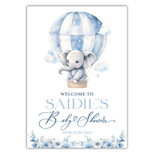 Baby Shower Welcome Sign - Elephant Hot Air Balloon - Blue