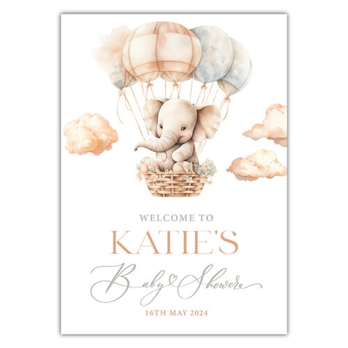 Baby Shower Welcome Sign - Elephant Hot Air Balloon - Neutral