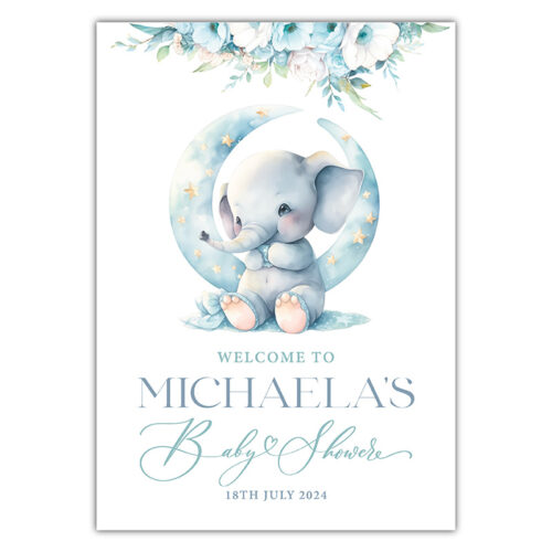 Baby Shower Welcome Sign - Elephant Moon - Blue