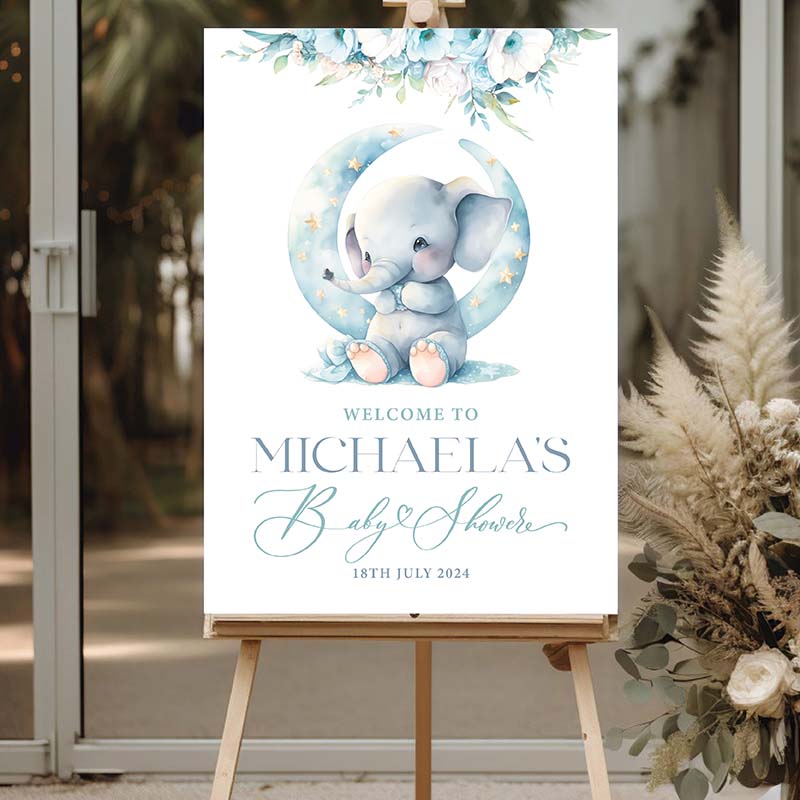 Baby Shower Welcome Sign - Elephant Moon - Blue - Image 2