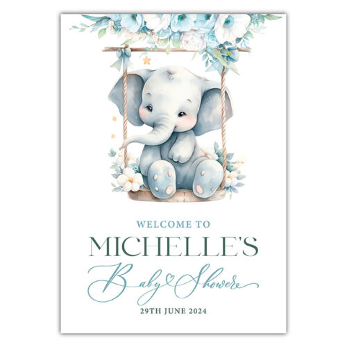 Baby Shower Welcome Sign - Elephant Swing - Blue