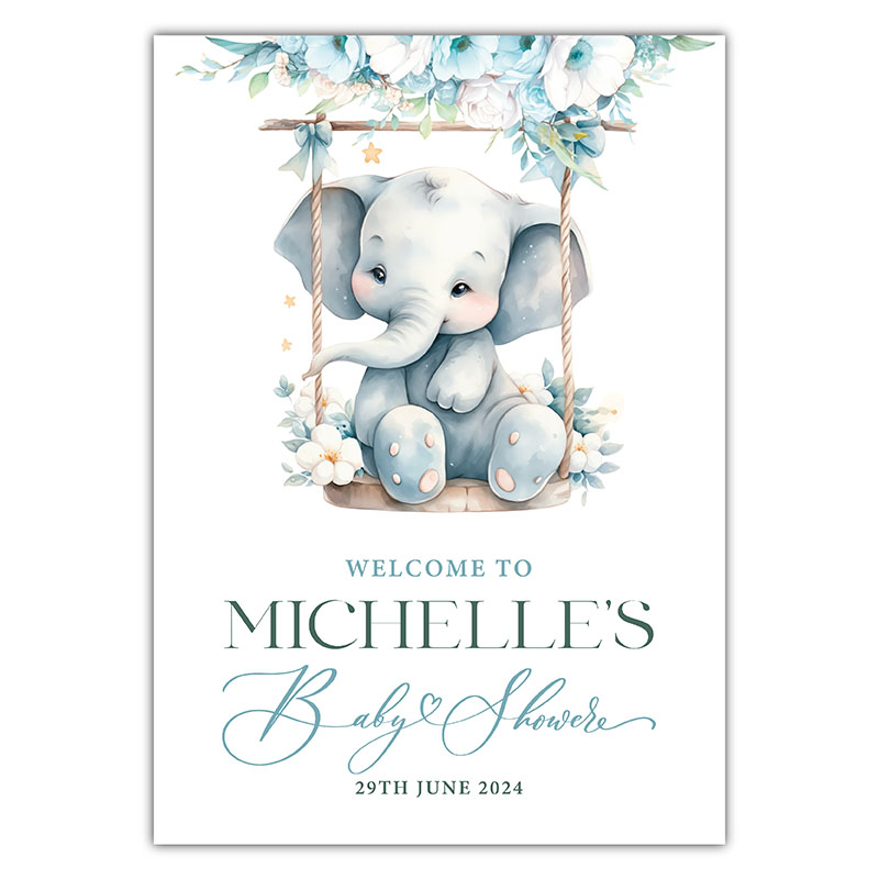 Baby Shower Welcome Sign - Elephant Swing - Blue