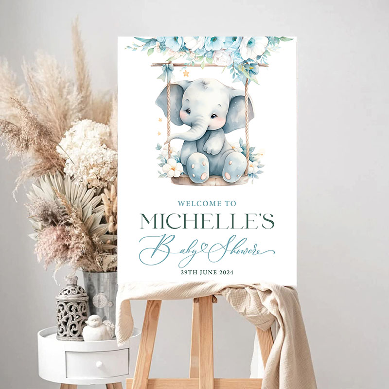 Baby Shower Welcome Sign - Elephant Swing - Blue - Image 2