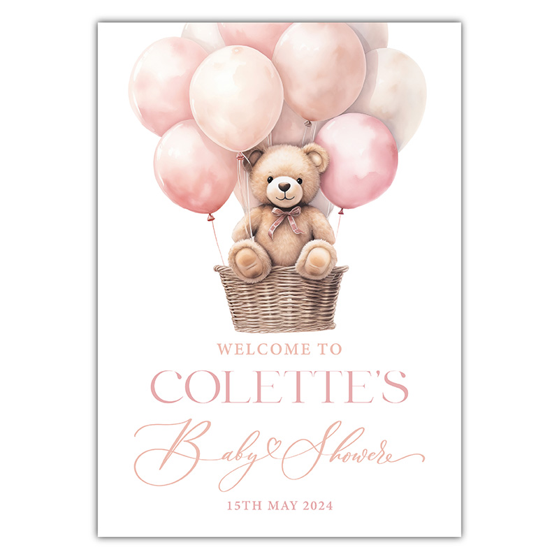 Baby Shower Welcome Sign - Teddy Balloon - Pink