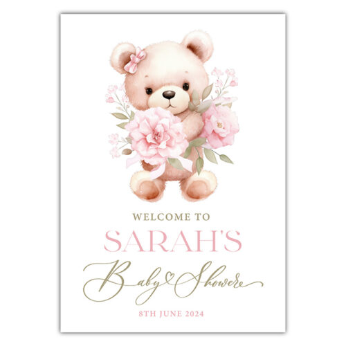 Baby Shower Welcome Sign - Teddy Pink Flower