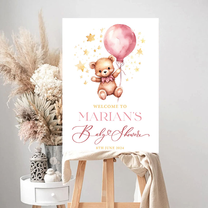 Baby Shower Welcome Sign - Teddy Stars - Pink - Image 2