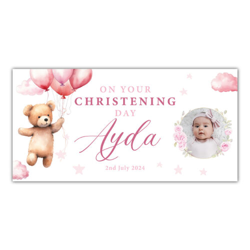 Christening Banner - Teddy Bear - Pink