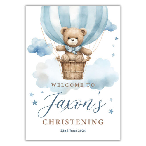 Christening Welcome Sign - Teddy Hot Air Balloon - Dusty Blue