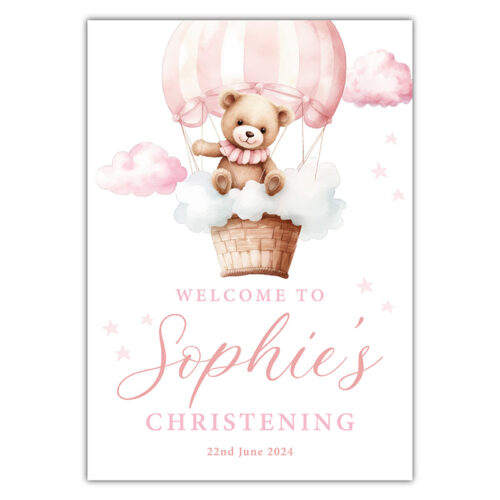 Christening Welcome Sign - Teddy Hot Air Balloon - Dusty Pink