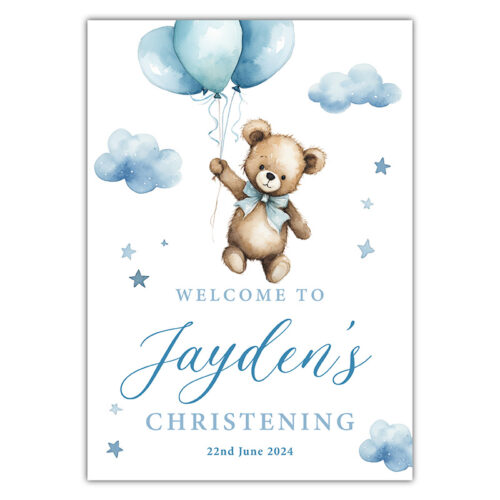 Christening Welcome Sign - Teddy Balloon - Blue