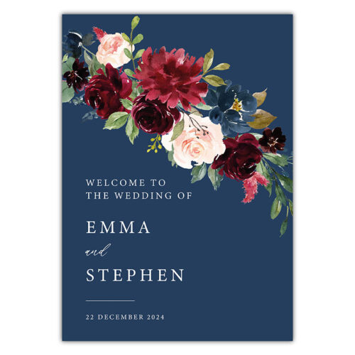 Welcome Sign - Burgundy Floral Blue Background