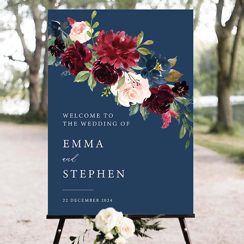 Welcome Sign - Burgundy Floral Blue Background - Image 2