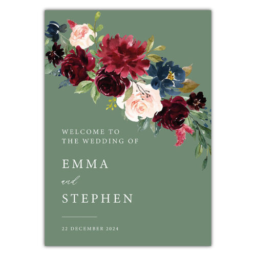 Welcome Sign - Burgundy Floral Green Background