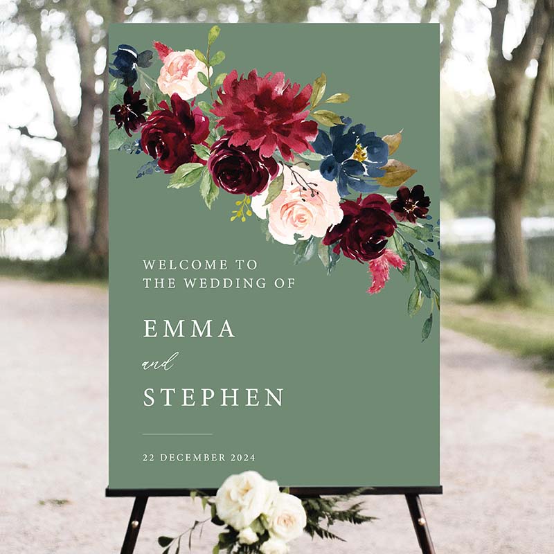 Welcome Sign - Burgundy Floral Green Background - Image 2